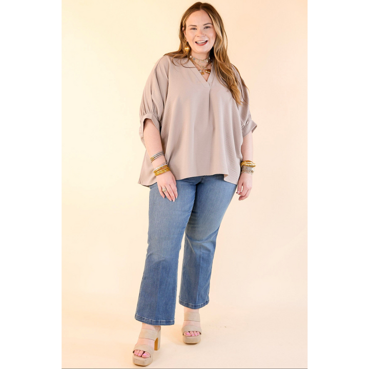 Elevated Basics V Neck Top with Half Sleeves in Ash Mocha Brown