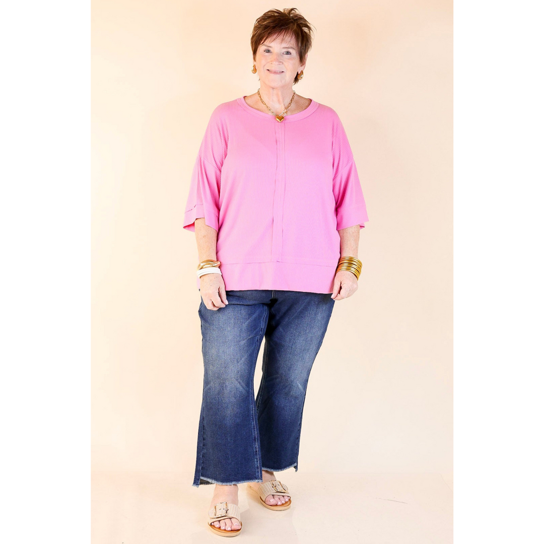 Subtle Spark Crew Neck Short Sleeve Shirt with Seam Detailing in Pink