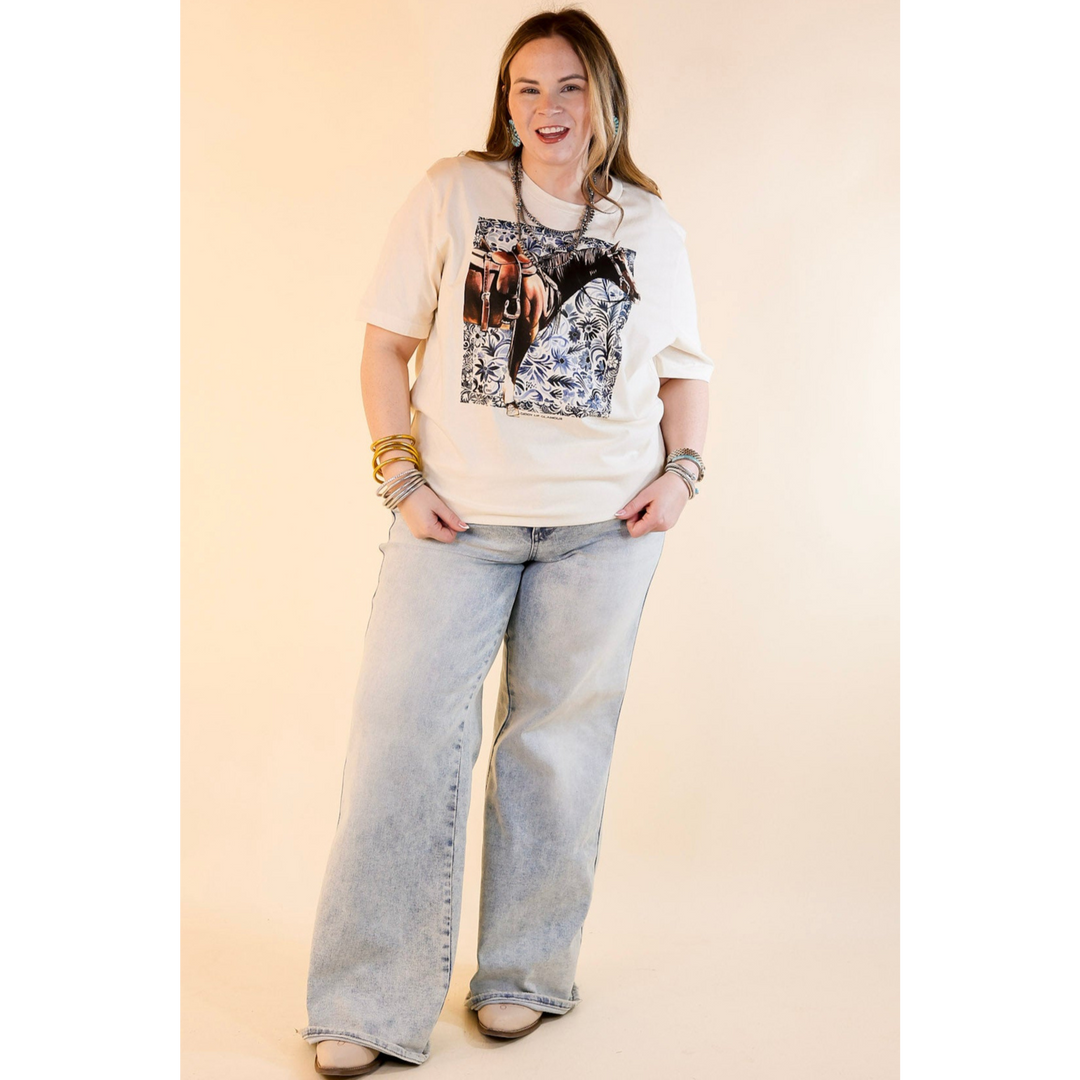 XOXO Art & Co | Denim Horse Short Sleeve Graphic Tee in Natural Cream