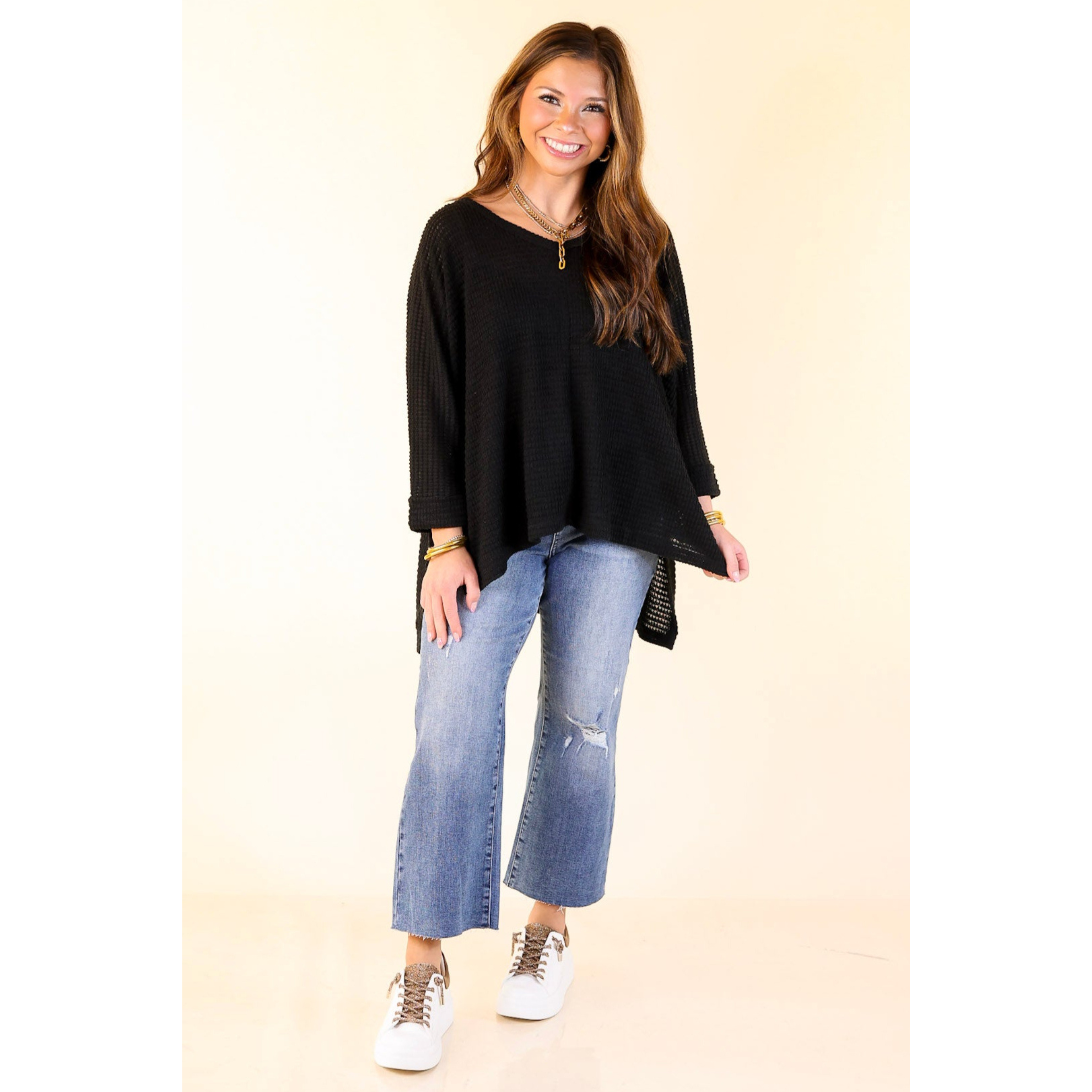 Black Waffle Texture Relaxed Cuff Sleeve Blouse detail view