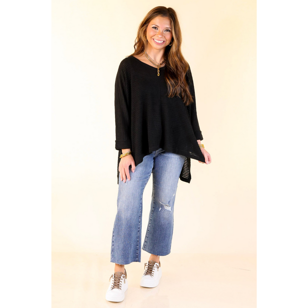 Breezy Intuition 3/4 Cuffed Sleeves Waffle Net Blouse In Black