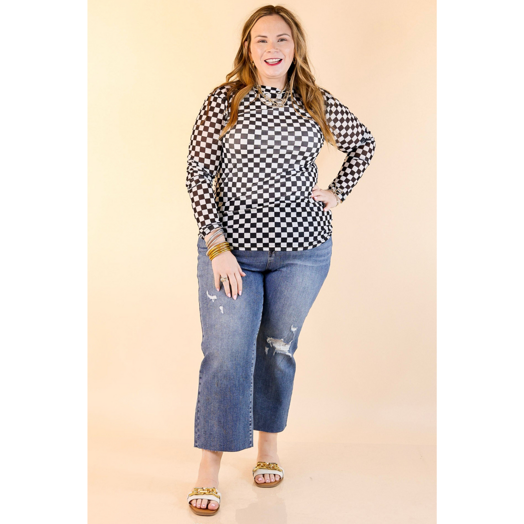 Sheer Confidence Checkered Print Mesh Long Sleeve Top in Black and White
