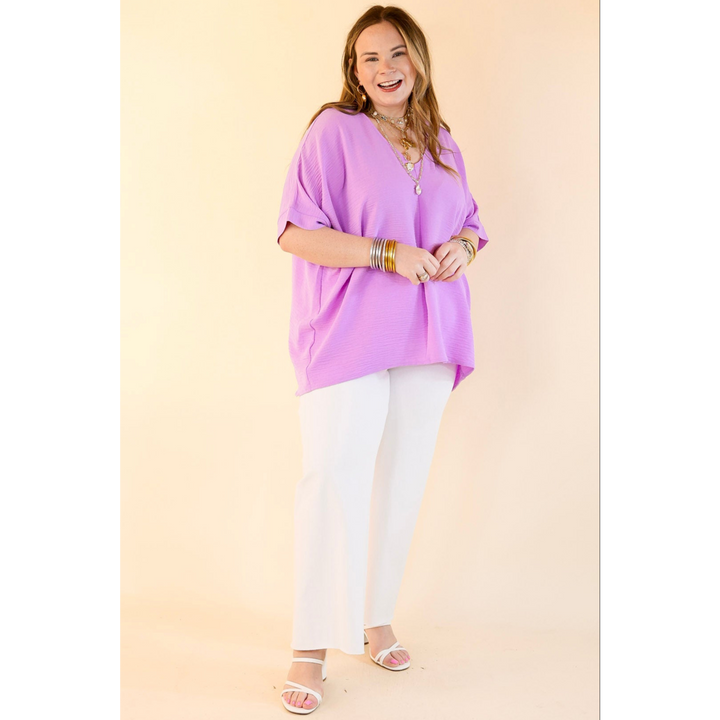 Classically Chic Short Sleeve V Neck Top in Lavender Purple