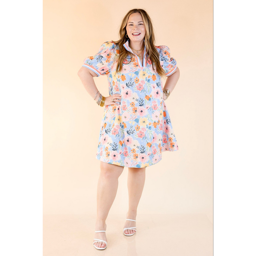 Lovely as Ever V Neck Floral Print Dress in Blue and Pink Mix