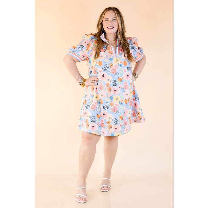 Lovely as Ever V Neck Floral Print Dress in Blue and Pink Mix