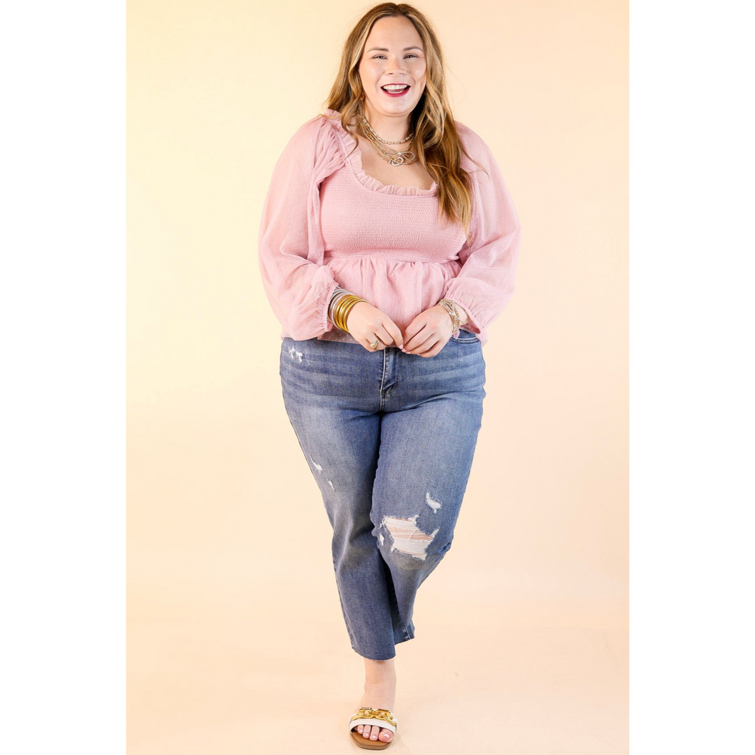 Subtle Statement Smocked Bodice Top with Sheer Puff Sleeves in Light Pink