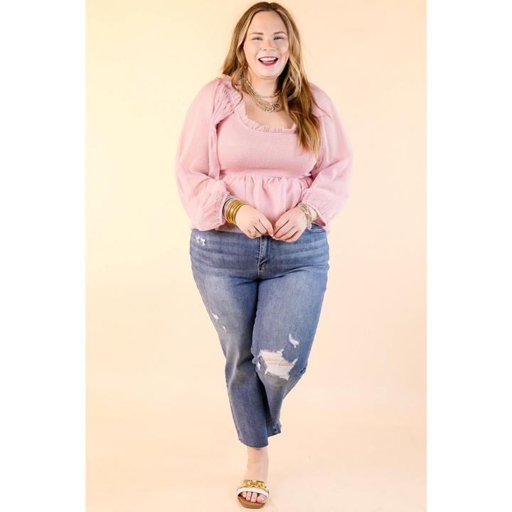 Subtle Statement Smocked Bodice Top with Sheer Puff Sleeves in Light Pink