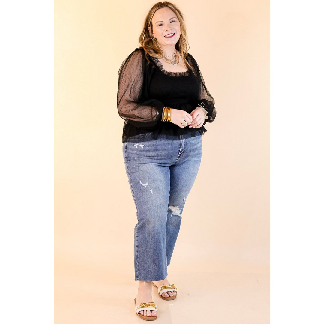 Subtle Statement Smocked Bodice Top with Sheer Puff Sleeves in Black
