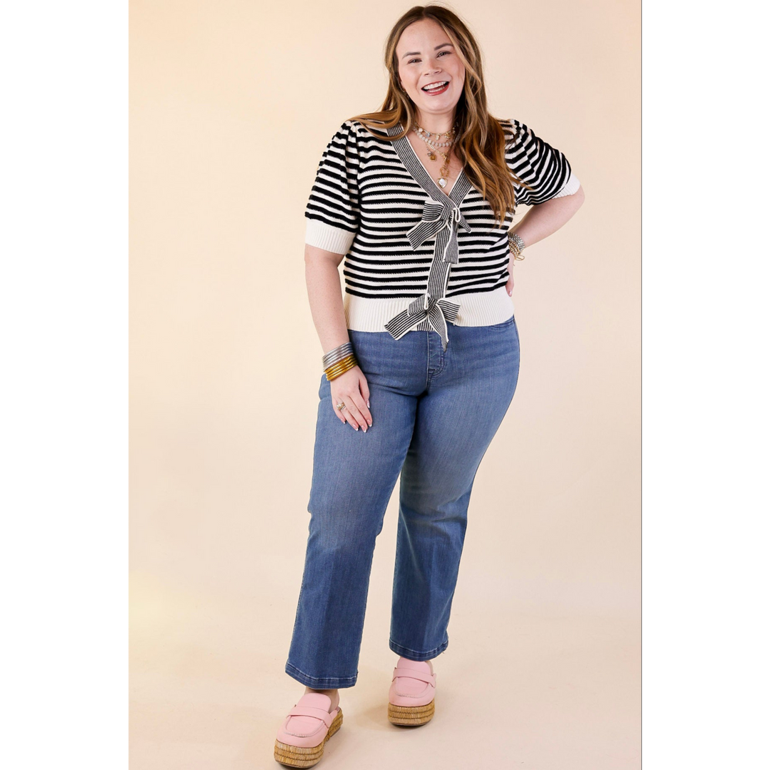 Notice Me Now Short Sleeve V Neck Striped Sweater with Bows in Off White and Black