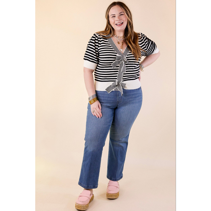 Notice Me Now Short Sleeve V Neck Striped Sweater with Bows in Off White and Black
