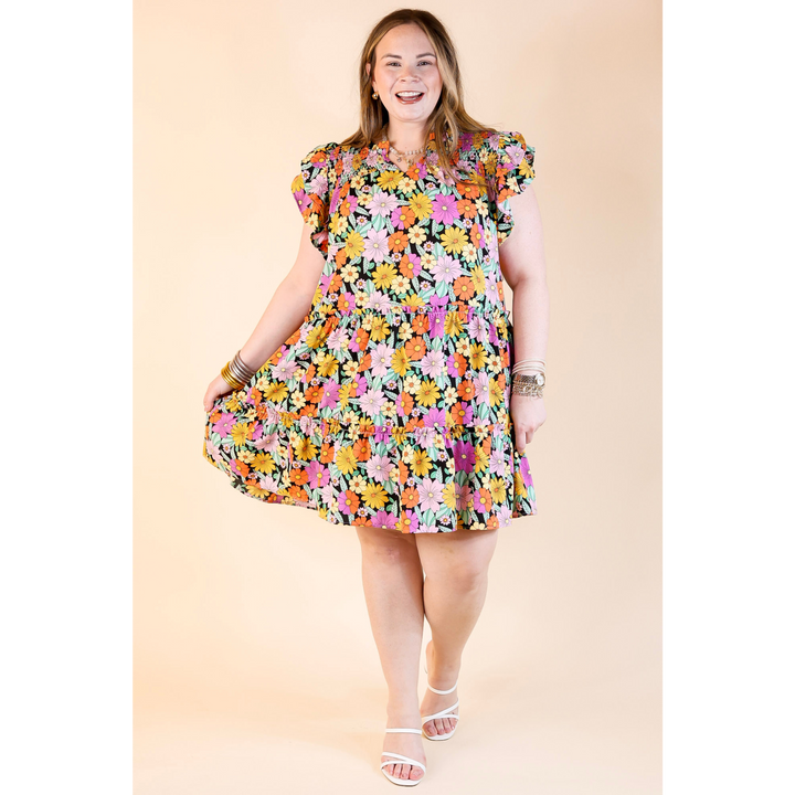Pretty Days Floral Notched Neckline Dress in Black