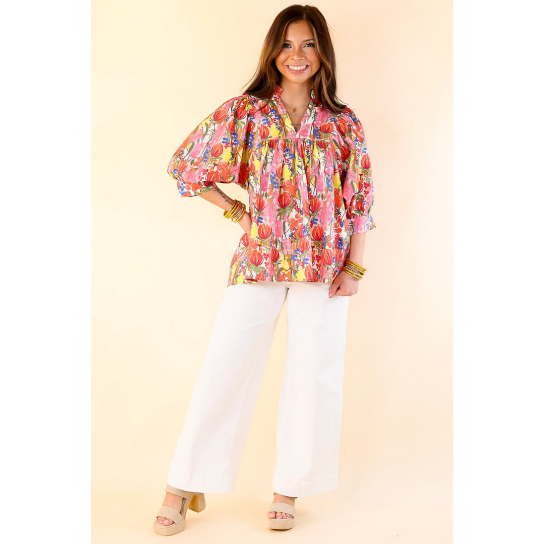 Blissful Bloom Floral Print Top with Puff Sleeves in Pink Mix