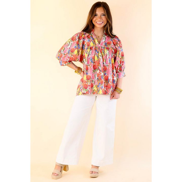 Blissful Bloom Floral Print Top with Puff Sleeves in Pink Mix