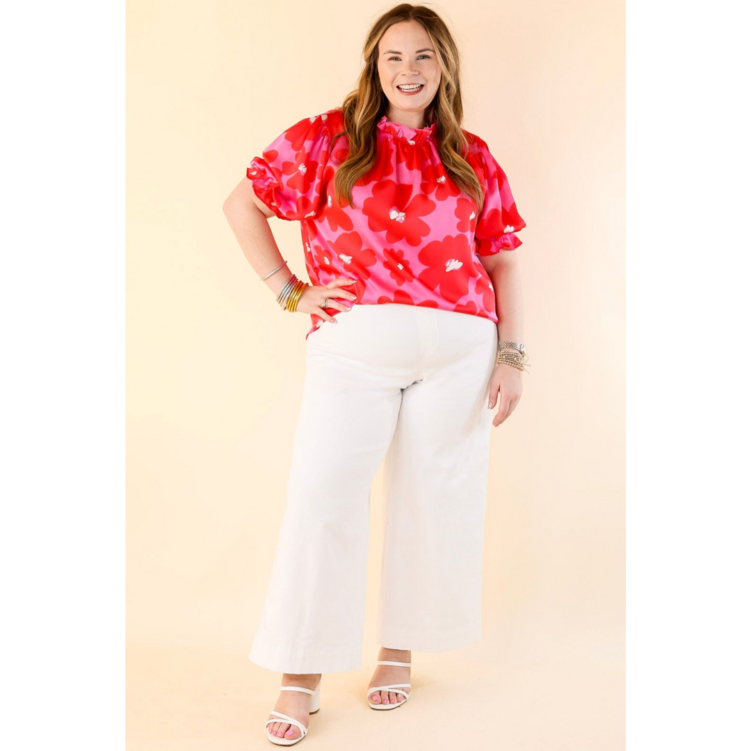Divine Design Floral Blouse With Puffed Sleeve and Ruffle Neckline in Pink