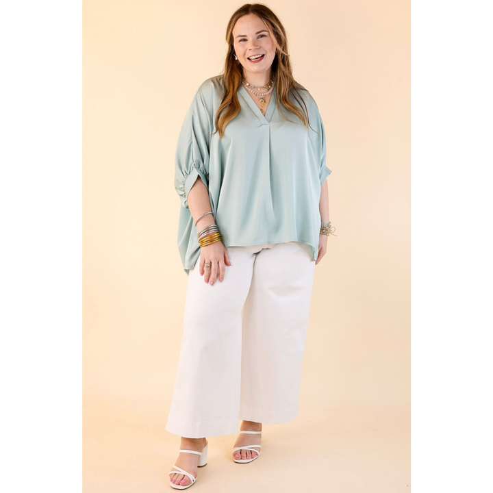 Irresistibly Chic Half Sleeve Oversized Blouse in Mint Blue