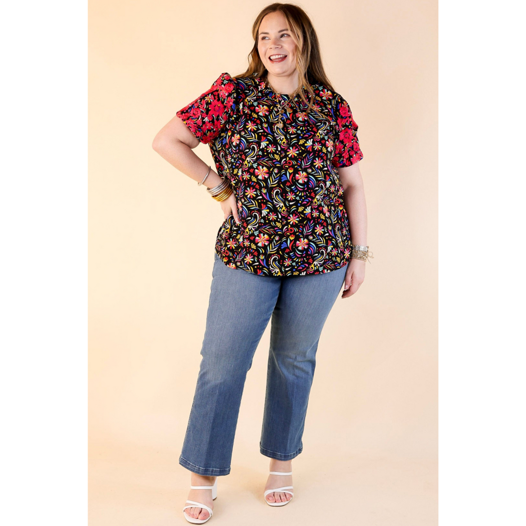 Vivid Vibes Multicolor Patterned Top with Short Puff Sleeves in Black