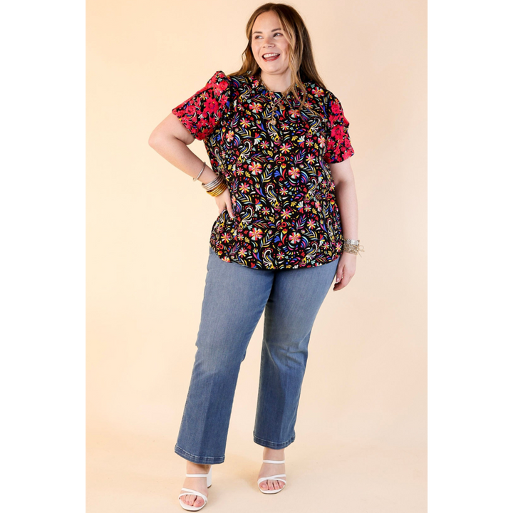 Vivid Vibes Multicolor Patterned Top with Short Puff Sleeves in Black