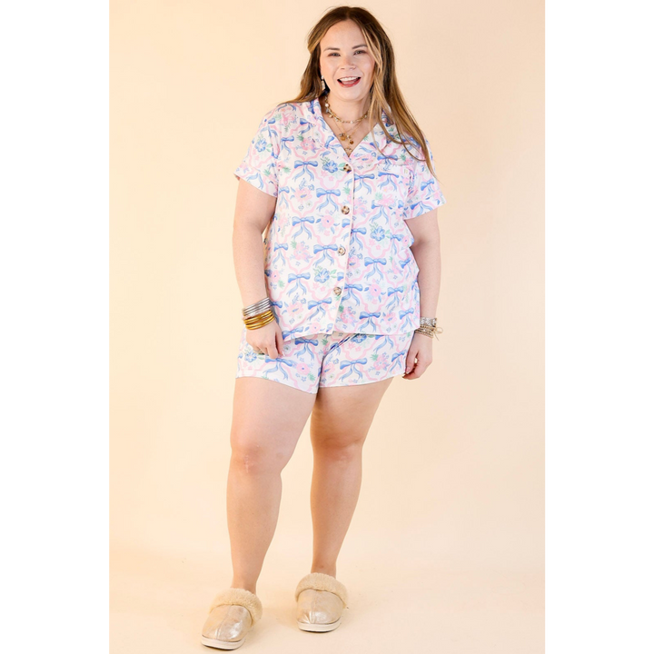 Simply Southern | Snooze in Style Ribbon Print Button Up Pajama Top in Off White