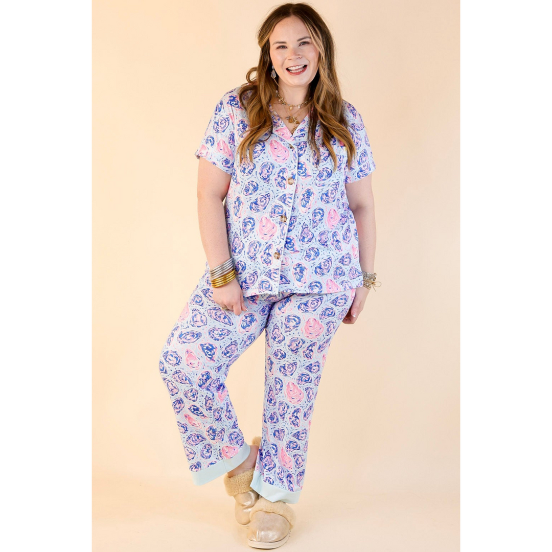 Simply Southern | Snooze in Style Oyster Shell Print Long Pajama Pants in Light Blue