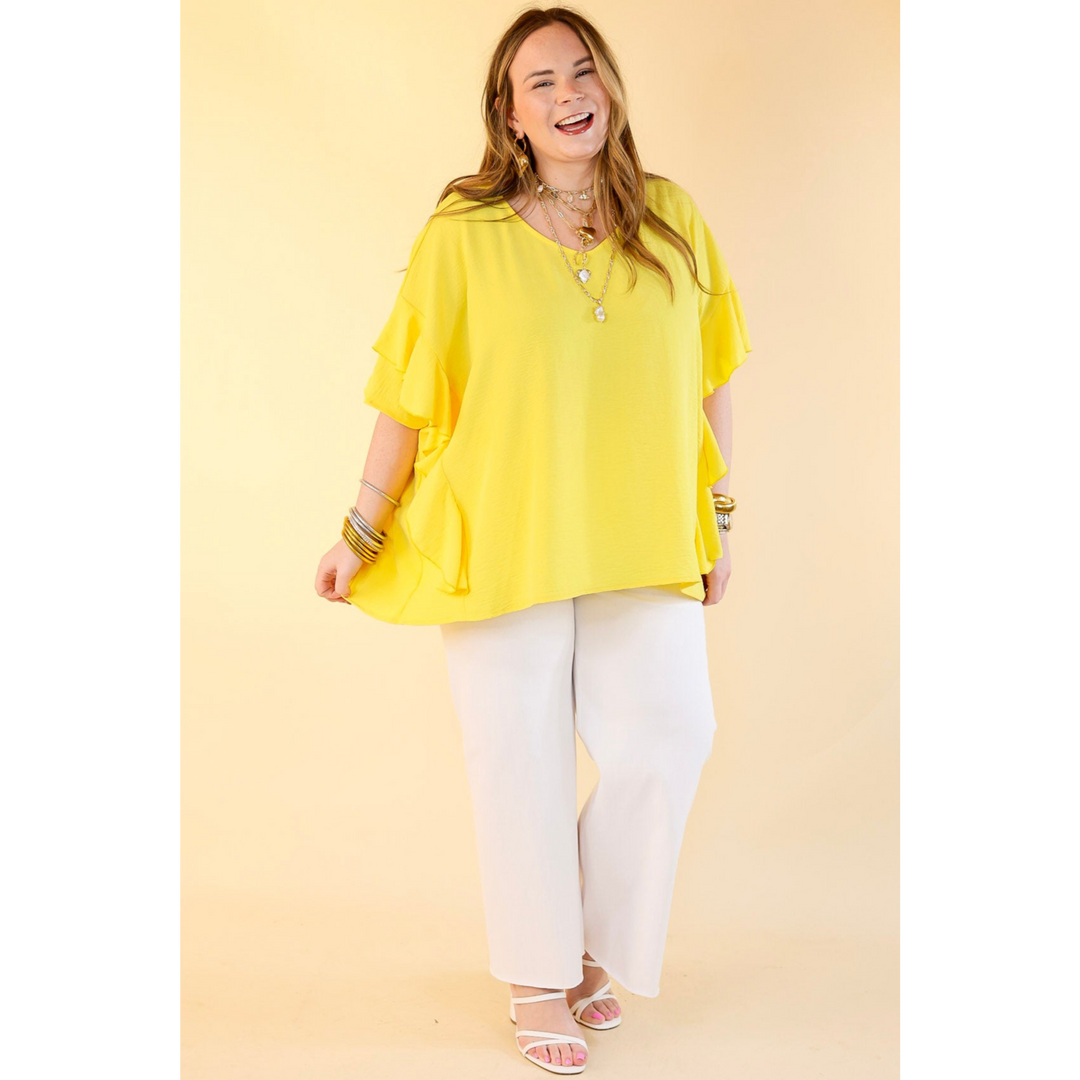 Sip of Spring Ruffle Sleeve Shift Top with V Neckline in Lemon Yellow