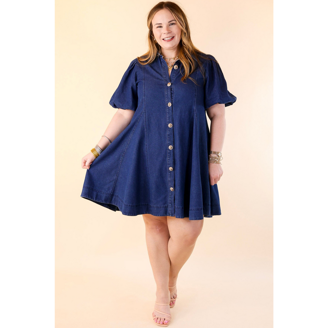 Denim Diva Button Up Denim Dress with Short Puff Sleeves