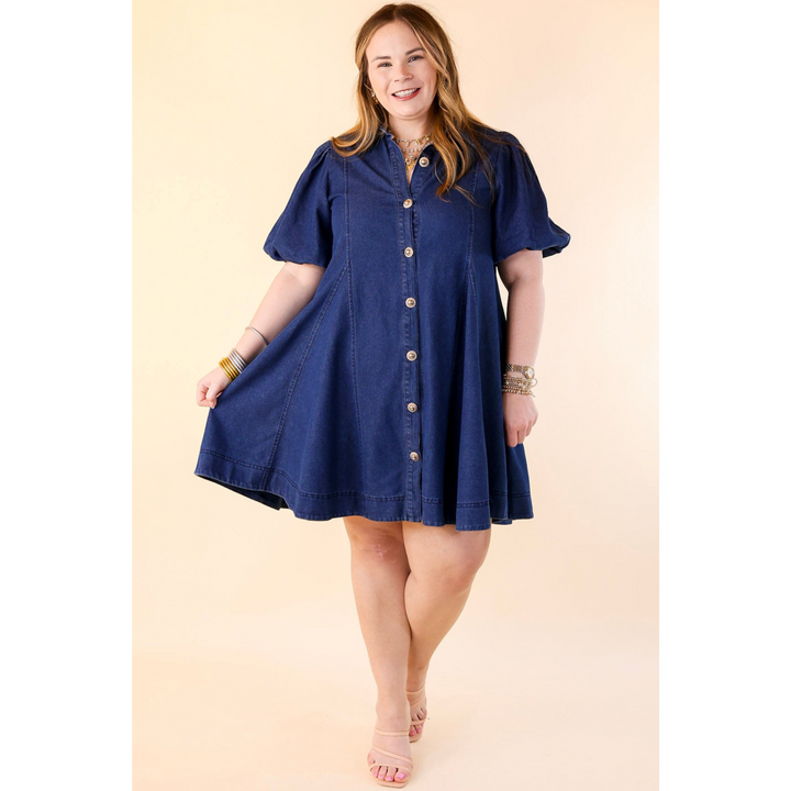 Denim Diva Button Up Denim Dress with Short Puff Sleeves