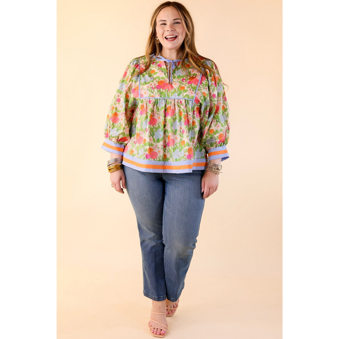 Floral Fantasy Multicolor Floral Print Top with 3/4 Sleeves