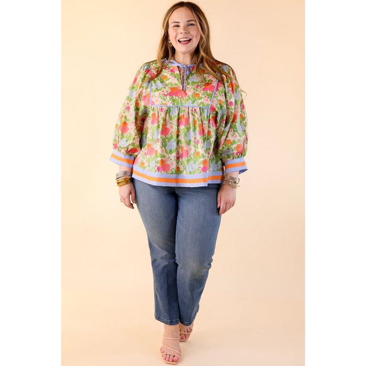 Floral Fantasy Multicolor Floral Print Top with 3/4 Sleeves