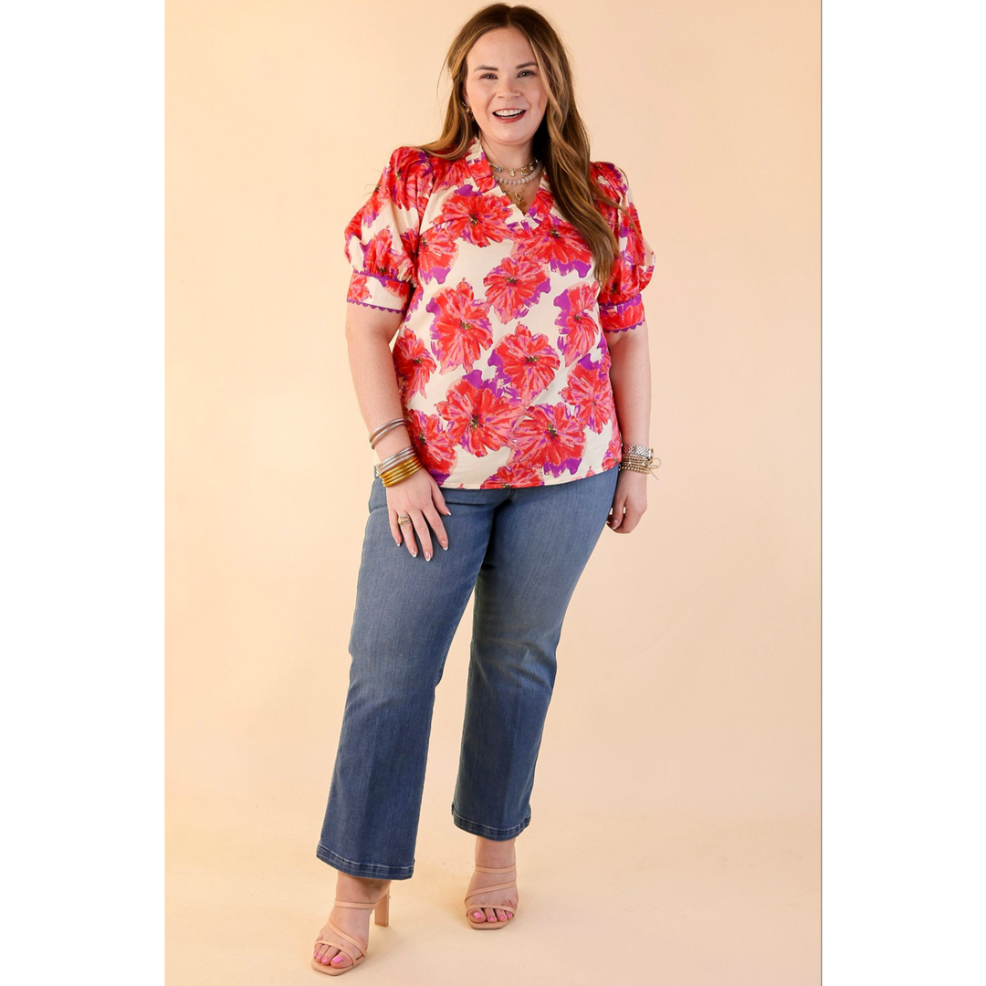 Perfectly Posh Purple and Red Floral Print Top with Short Puff Sleeves in Ivory