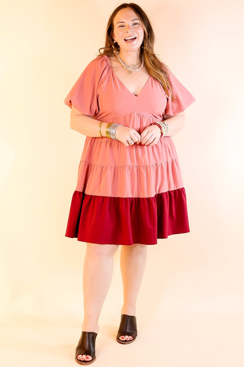 Trendy City Puff Sleeve Tiered Dress with Pink Hemline in Rose Pink