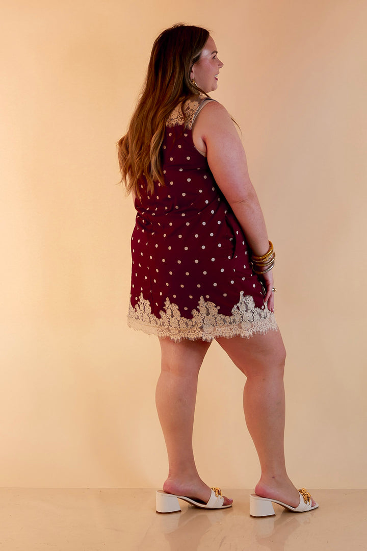 Lovely Little Details Polka Dot Lace Trim Sleeveless Shift Dress in Maroon and Ivory