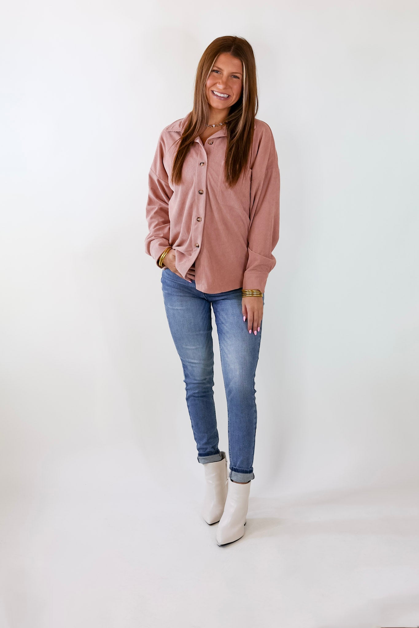 Captivating Cuteness Corduroy Button Up Shacket in Mauve Pink - Giddy Up Glamour Boutique