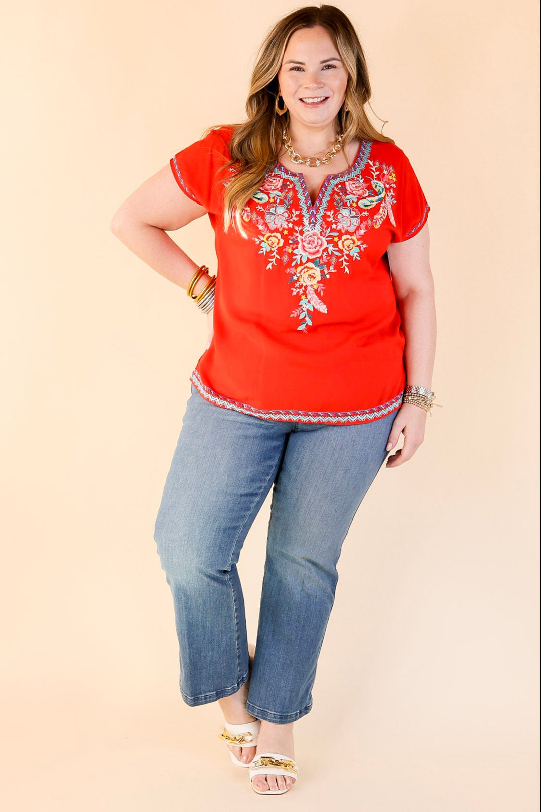 Desert Bloom Embroidered Short Sleeve Top in Red