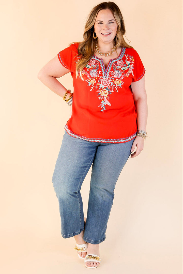 Desert Bloom Embroidered Short Sleeve Top in Red