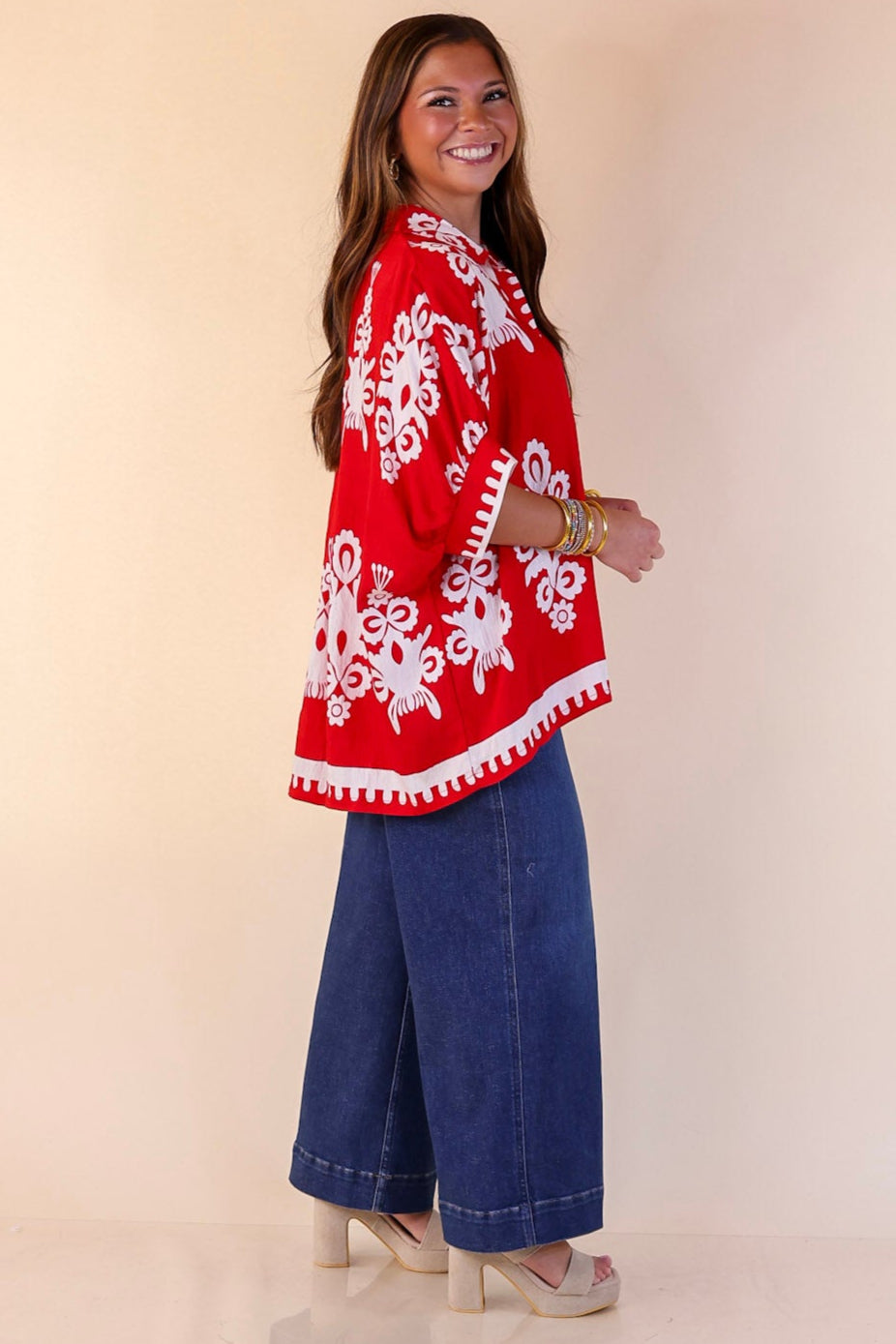 Classic Perfection Damask Print Button Up Collared Blouse in Red