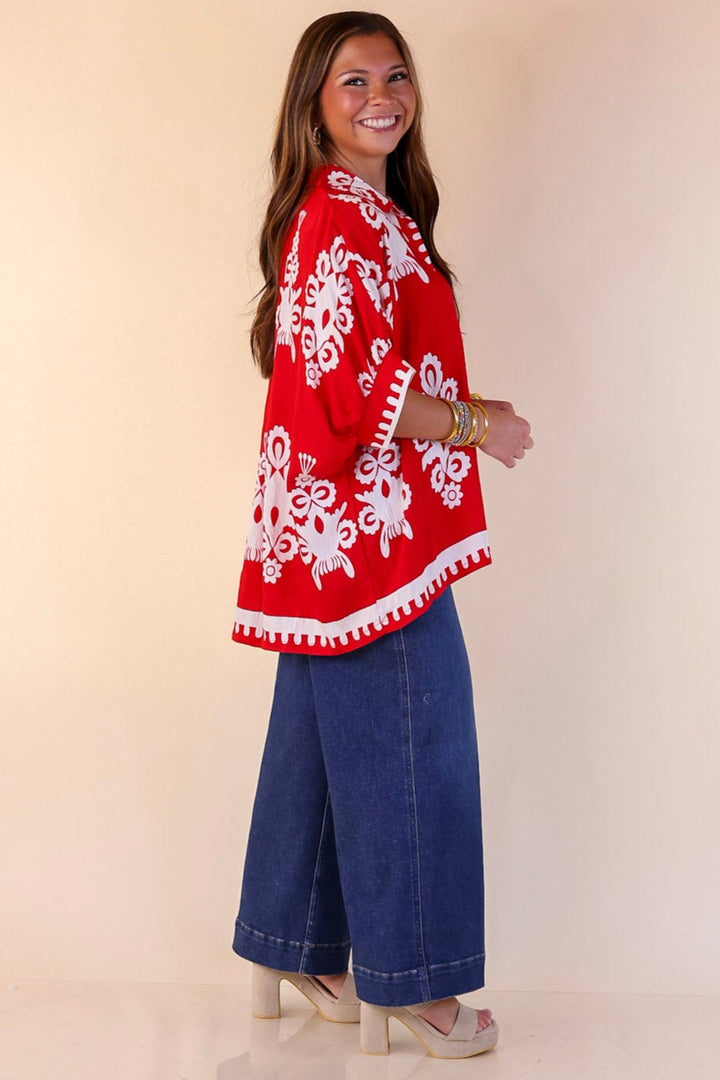 Classic Perfection Damask Print Button Up Collared Blouse in Red