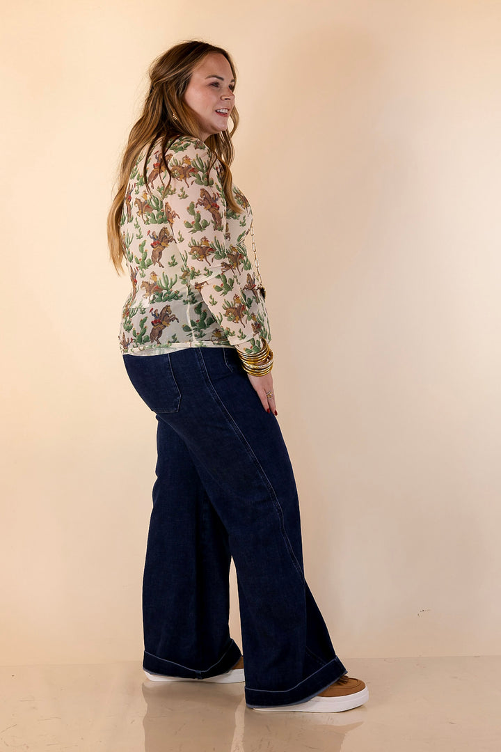Western Dream Cowboy and Cacti Print Long Sleeve Mesh Top in Ivory