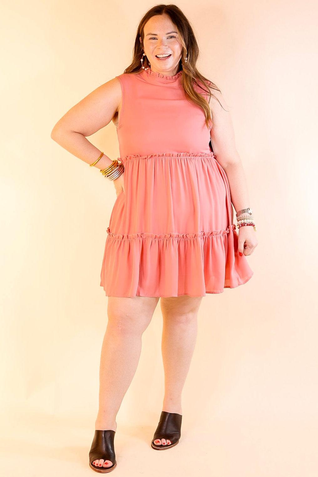 Attempt To Charm High Ruffle Neck Tank Dress in Coral Pink