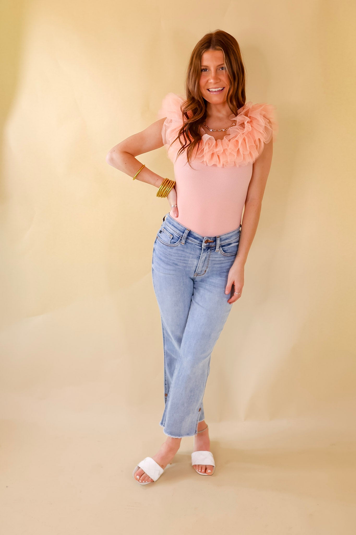 Pose For The Camera Tulle Upper Bodysuit in Coral Pink - Giddy Up Glamour Boutique