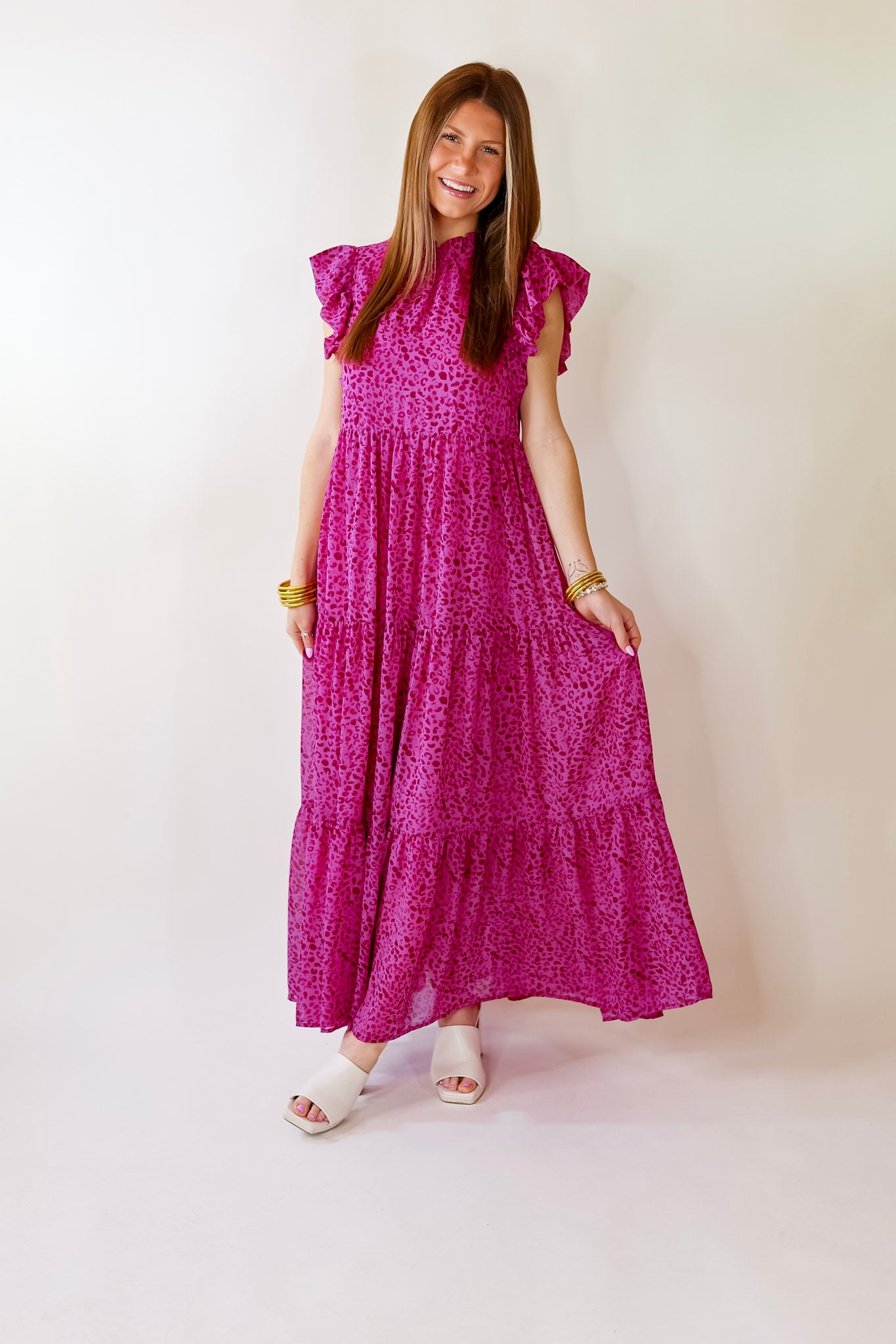 Settle The Score Leopard Print Maxi Dress in Magenta Pink - Giddy Up Glamour Boutique