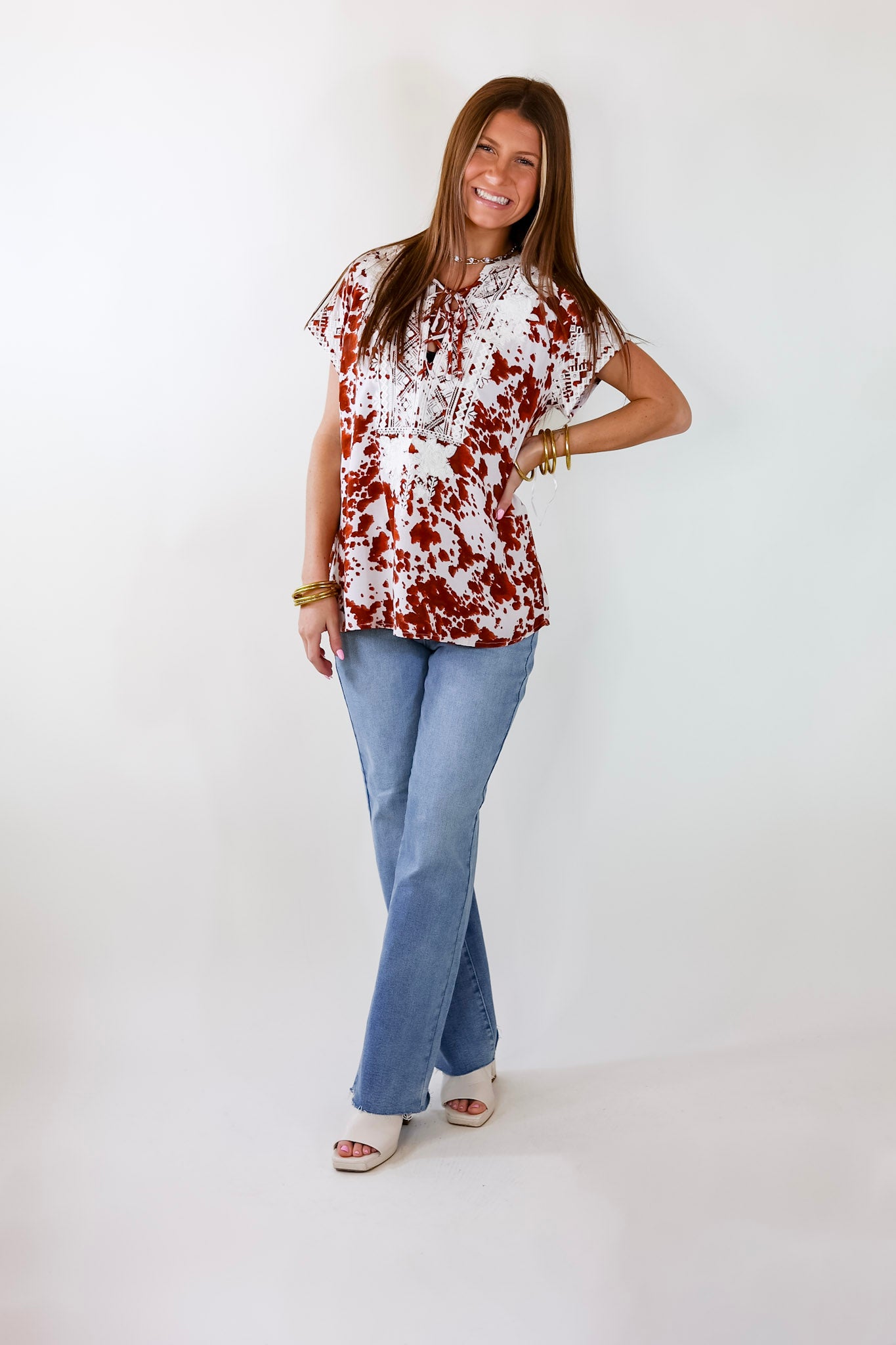 Hear The Applause Embroidered Top in White and Rust Orange - Giddy Up Glamour Boutique