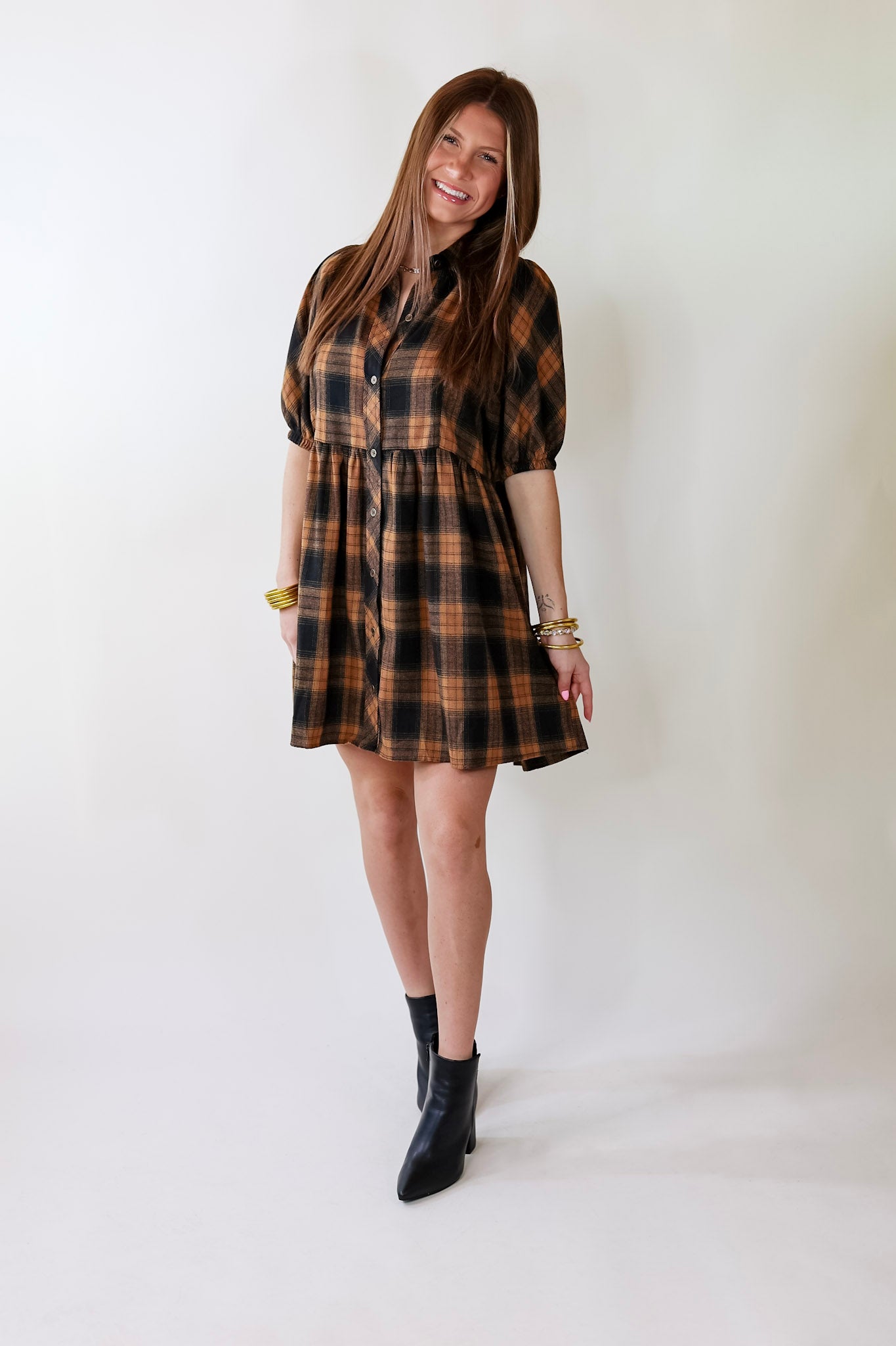Adventures Ahead Plaid Button Up Babydoll Dress in Camel Brown - Giddy Up Glamour Boutique