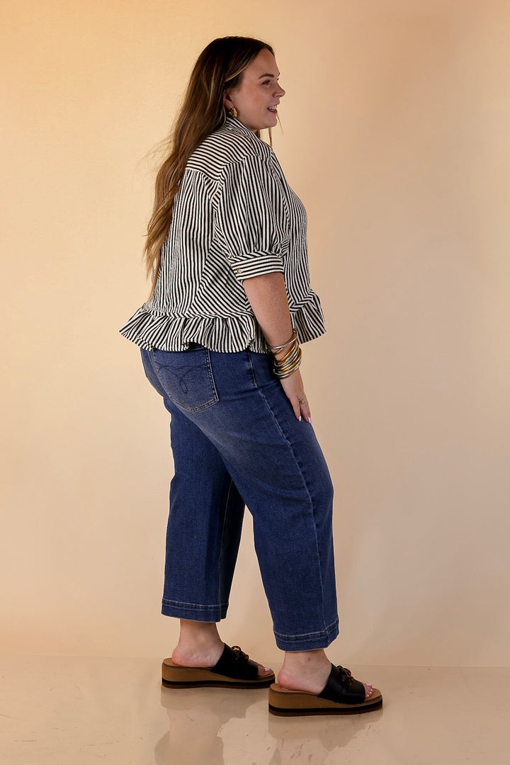 Style Agenda Striped Button Down Collared Top with Ruffle Peplum in Black