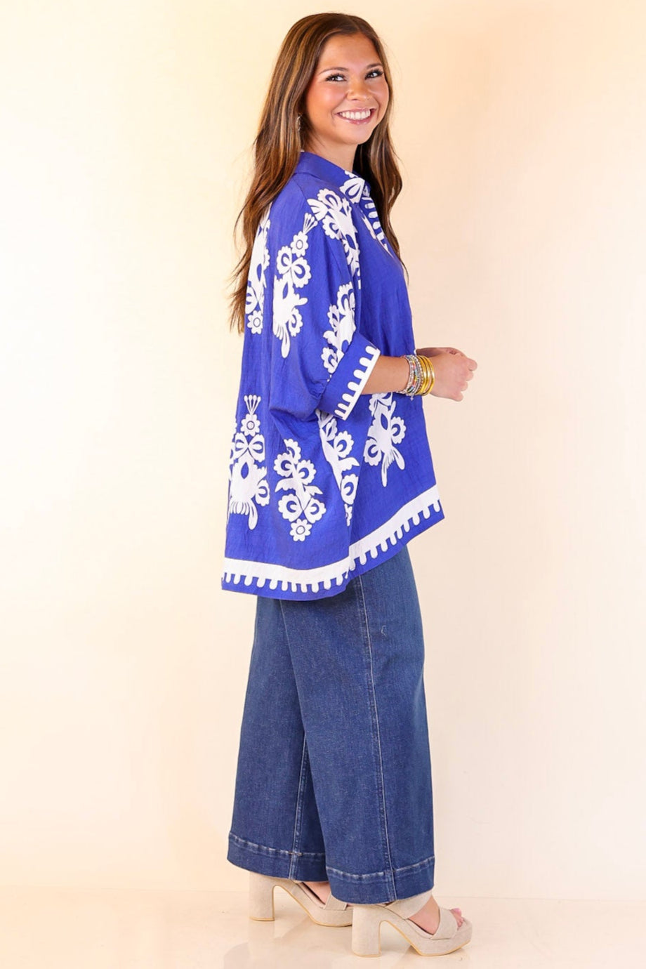 Classic Perfection Damask Print Button Up Collared Blouse in Royal Blue