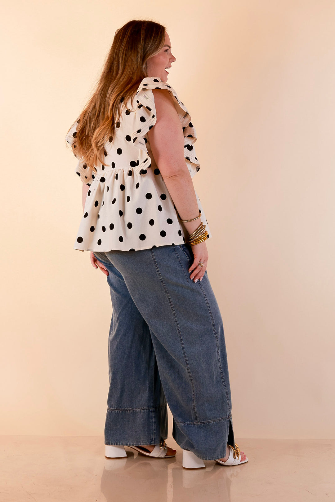 Spot on Style Ruffle Cap Sleeve Button Front Peplum Top with Black Polka Dot Print in Cream