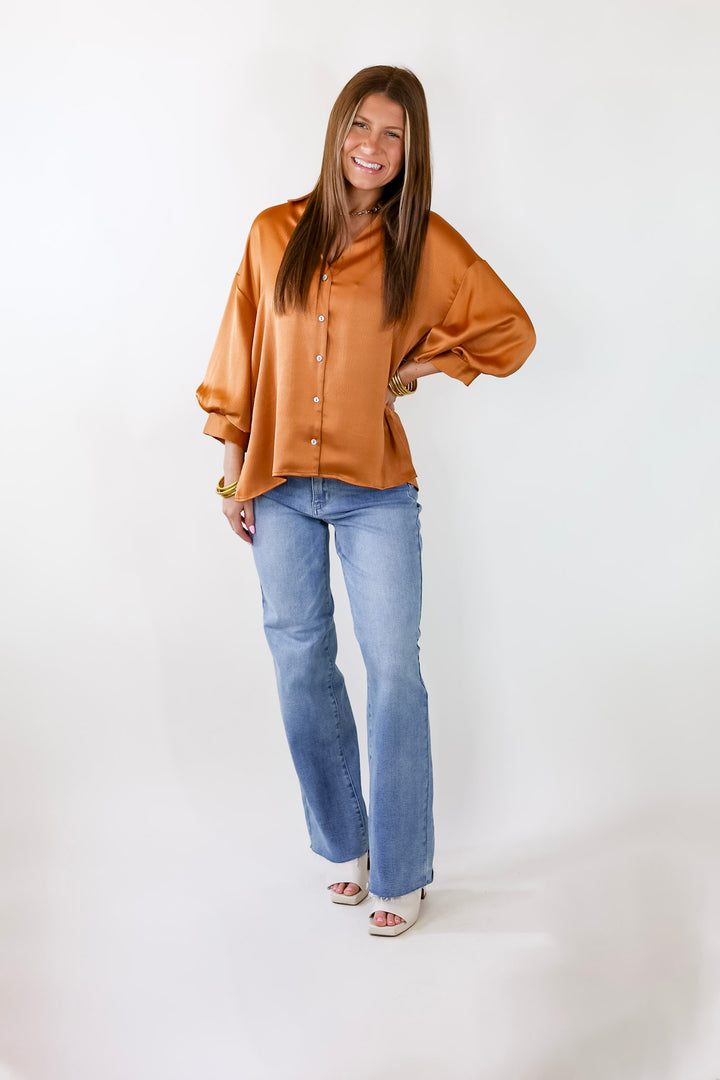 Sweet Notion Button Up 3/4 Balloon Sleeve Top in Pumpkin Orange - Giddy Up Glamour Boutique