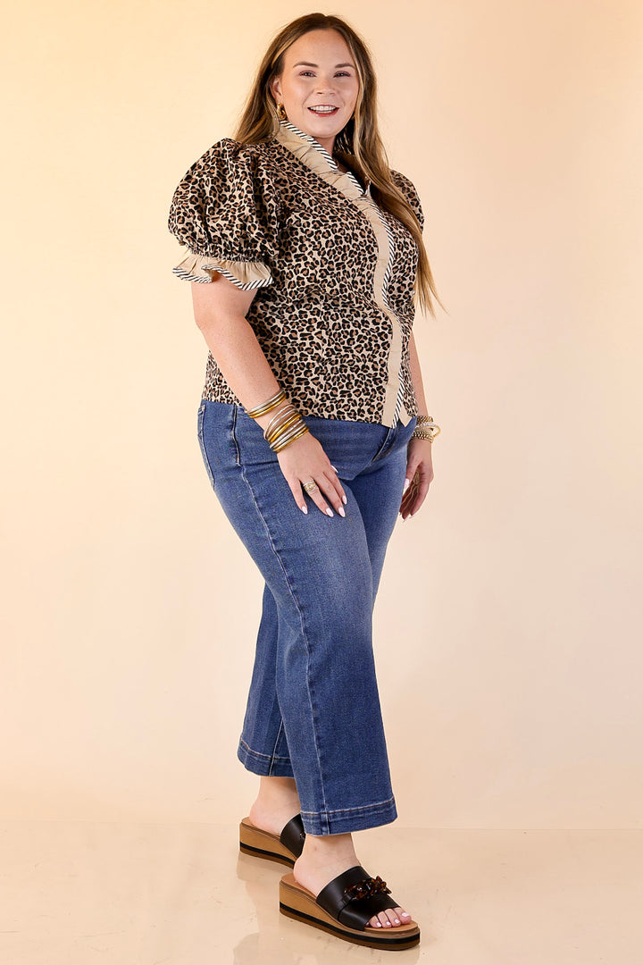 Endless Elegance Ruffled V Neck Leopard Print Top with Stripe Trim in Cream, Brown and Black