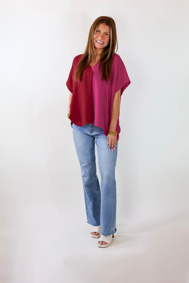 Weekend Out V Neck Placket Color Block Short Sleeve Top in Maroon and Pink - Giddy Up Glamour Boutique