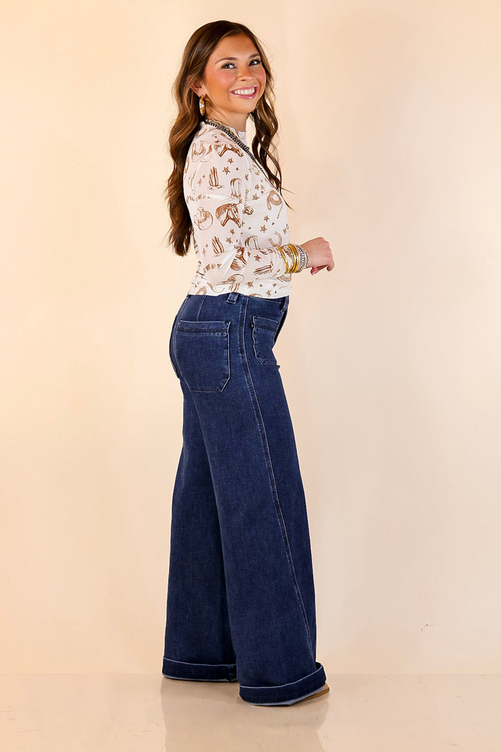 Western Dream Brown Western Icon Print Mesh Long Sleeve Top in Ivory