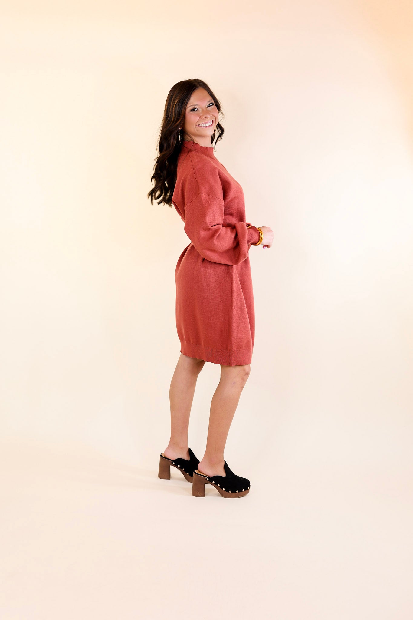 Luxurious Life Sweater Dress with Belt in Rust Red